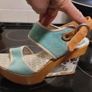 Fly London Aqua and Tan Wedge Heels.  Can Fit Size 9 Or 9.5